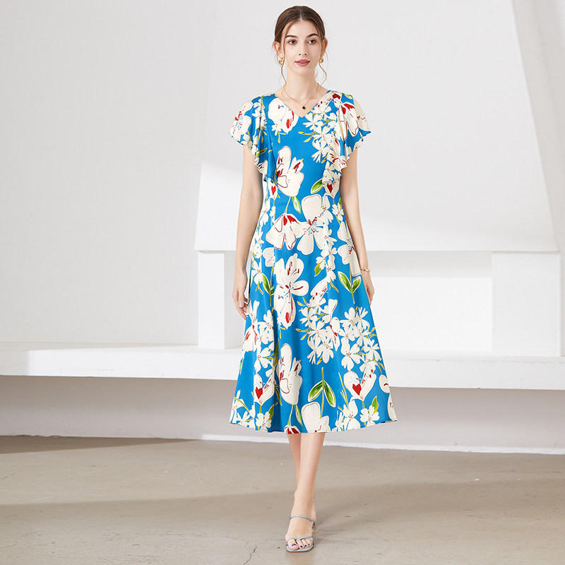断码清仓款 修身收腰气质荷叶边重磅真丝印花大摆连衣裙女