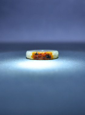 内径18黄沁翠青白玉籽料戒指18码