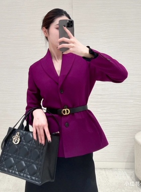 24早春新品高端气质显白紫色单排扣重磅丝羊毛西装外套内里真丝