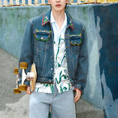 早秋新款 OGARMA 花卉贴布印花边重工钉珠牛仔外套