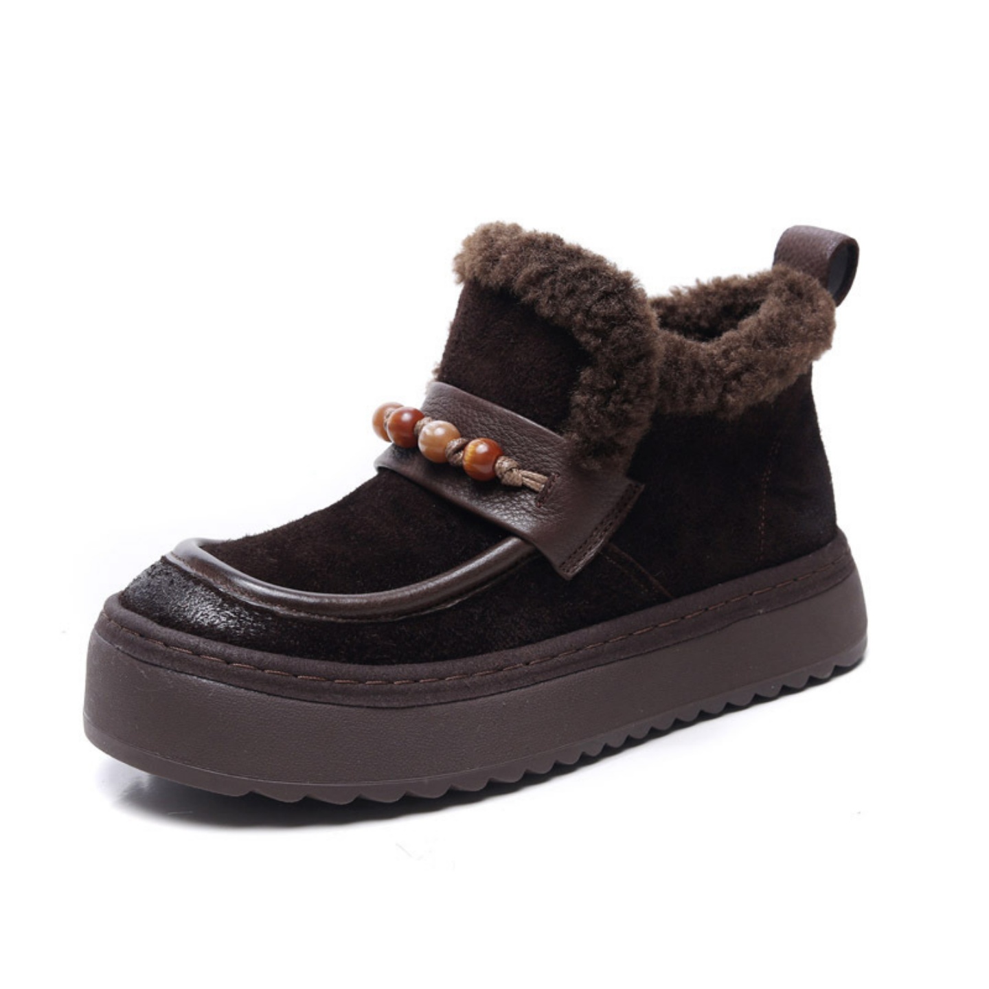 冬真皮复古串珠软底加绒毛毛鞋