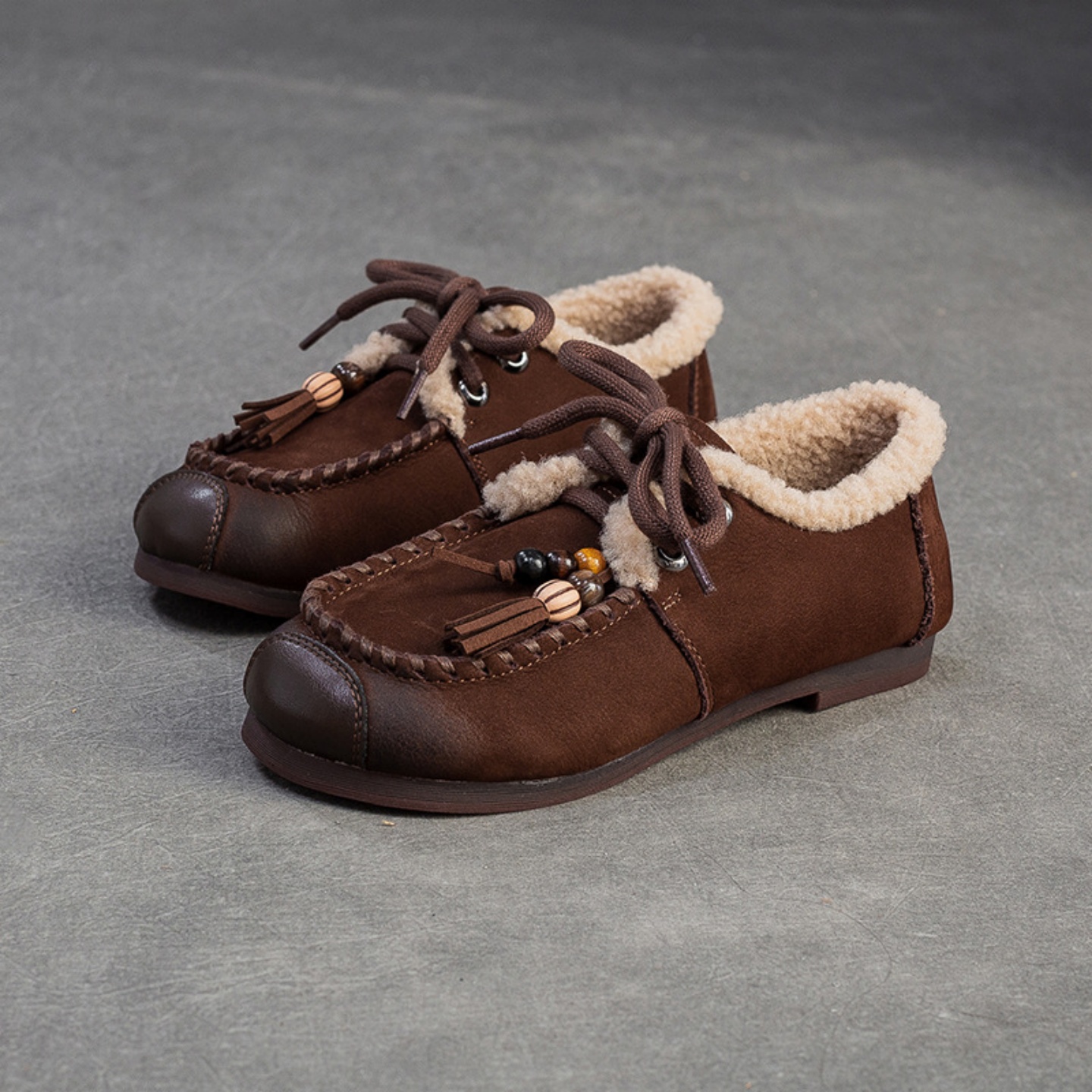 冬季新款加绒保暖系带休闲豆豆鞋