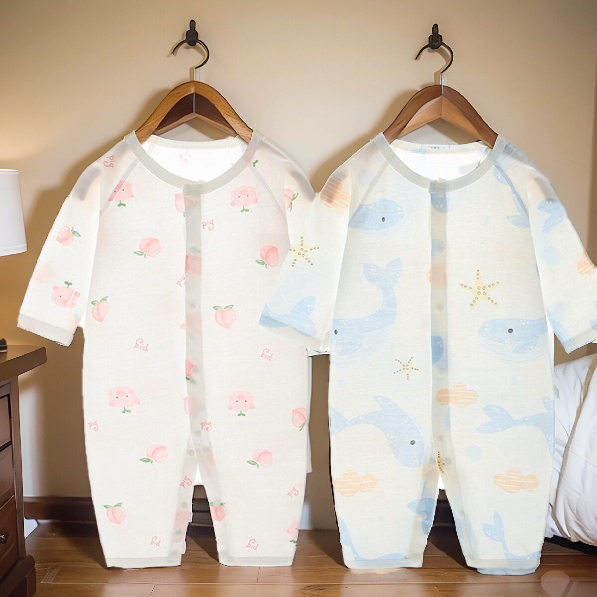 婴儿空调服连体衣长袖薄款新生宝宝哈衣纯棉家居睡衣夏季无骨爬服