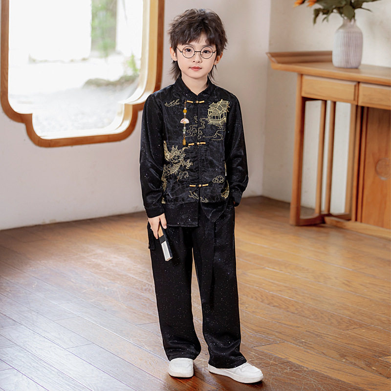 新中式国风套装春秋刺绣唐装汉服花童周岁礼服男童主持演出服西服