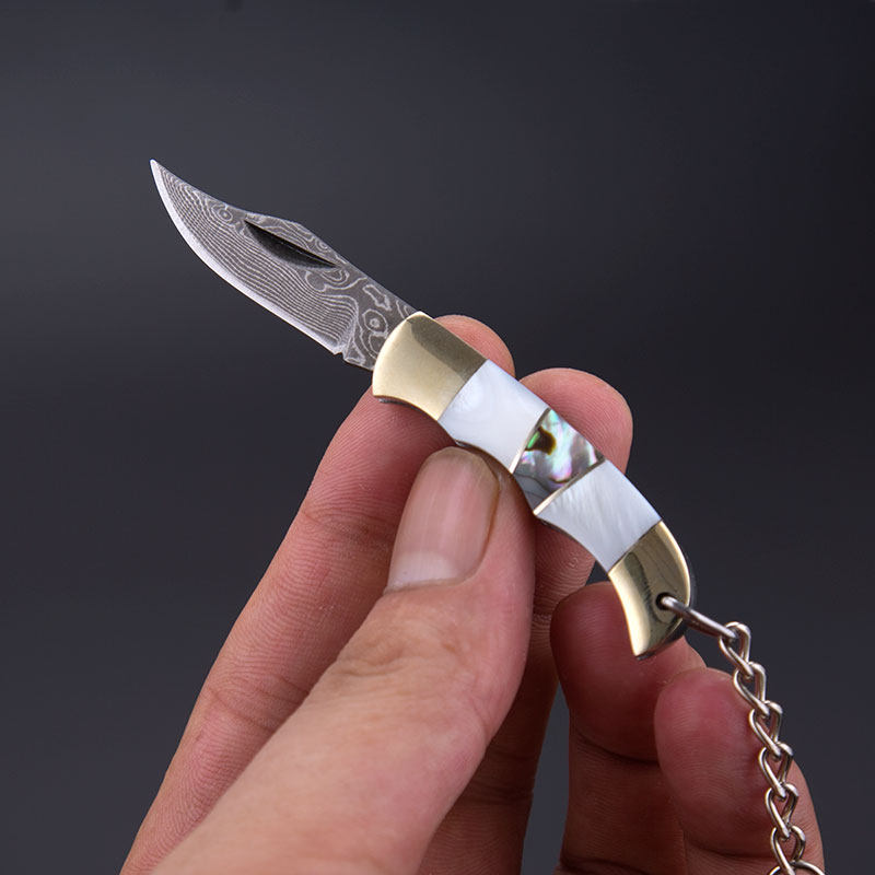 大马士革钢手工制作工艺小折叠刀彩贝防身刀拆包裹开刃水果礼物刀