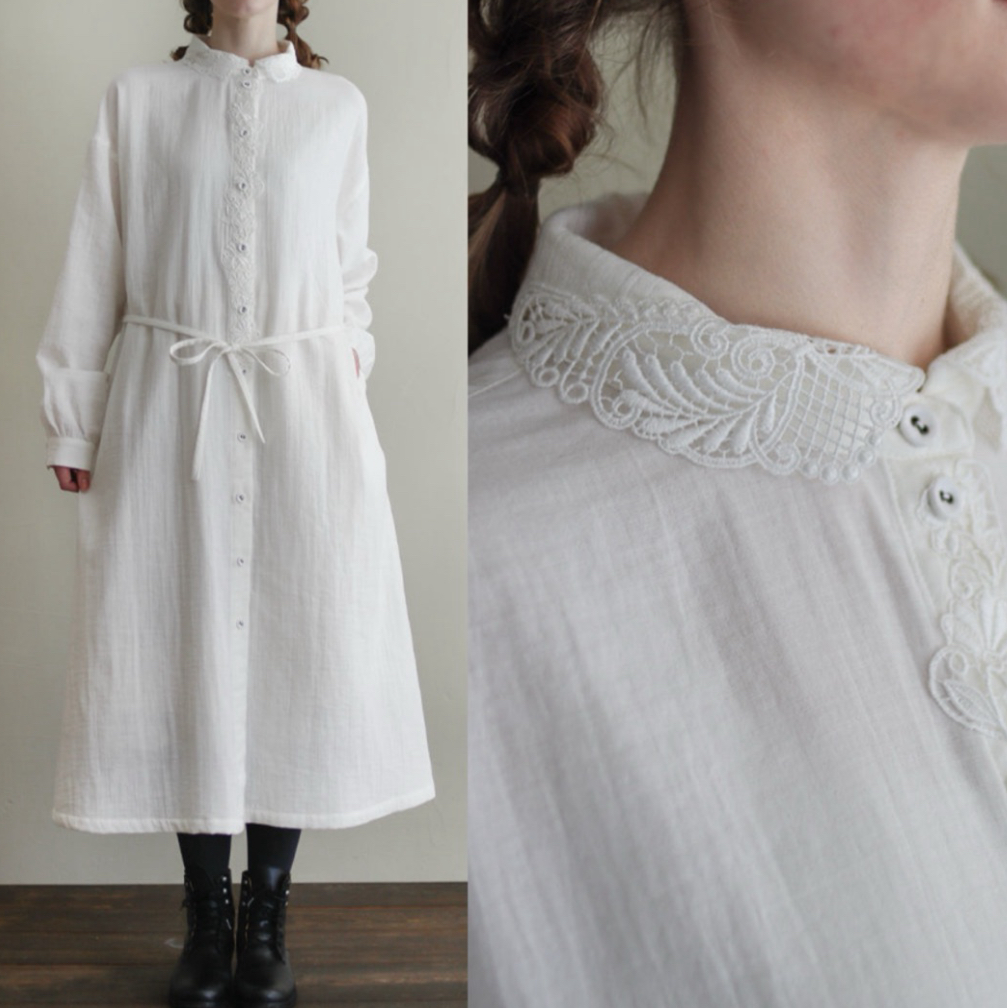 复古蕾丝双层纱长袖连衣裙衬衫