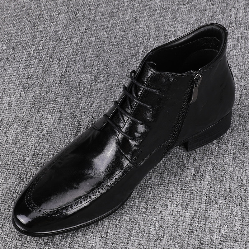 加棉新款保暖靴子男士高帮真皮潮流短靴皮鞋男鞋商务系带男马丁靴