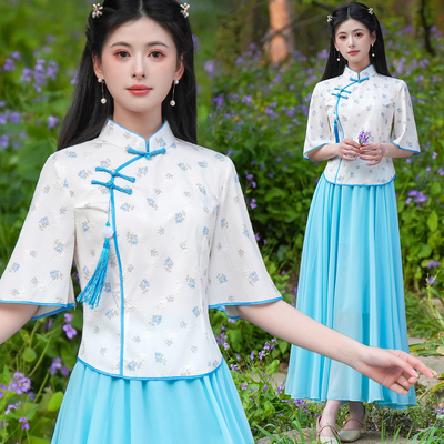 改良旗袍两件套女式收身汉服上衣