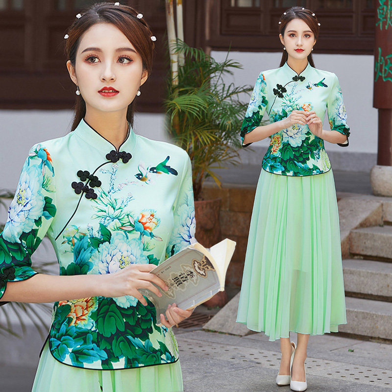 春夏装中国民族风改良旗袍两件套装上衣广场舞演出服汉服唐装妈妈