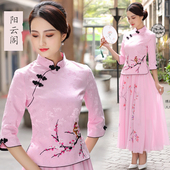 春夏女士复古唐装 民国学生风改良旗袍上衣女茶艺服 汉服两件套中式