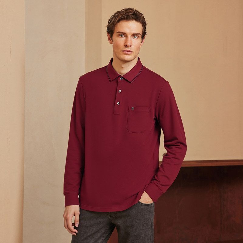 【官方正品】皮尔卡丹中年男红色polo衫2025秋季长袖商务T恤
