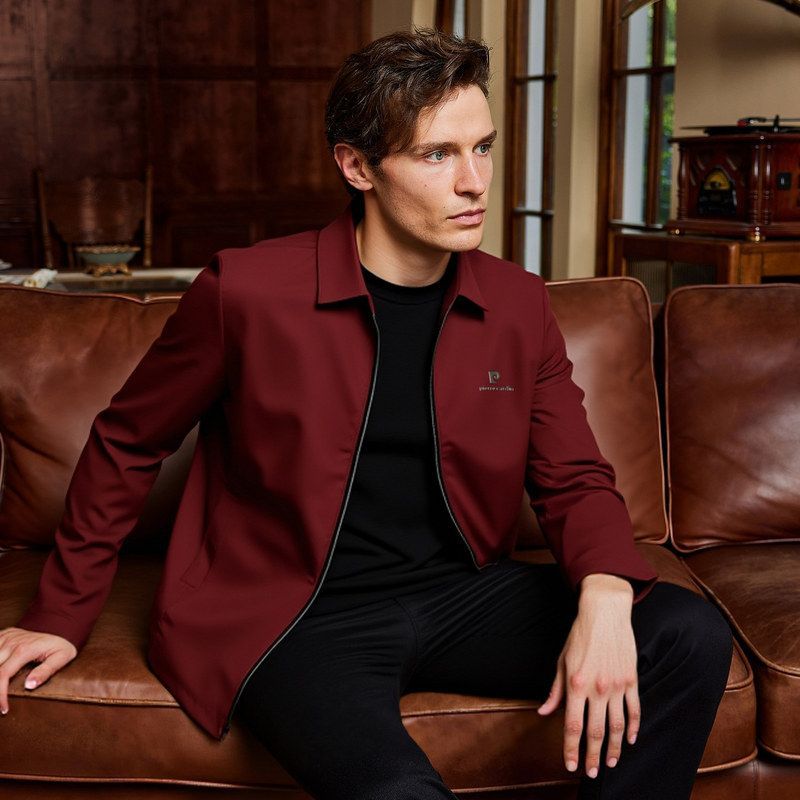 【直播官方正品】皮尔卡丹翻领抗皱红色行政夹克2025中年商务外套