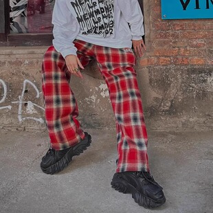 BF国潮美式复古痞帅红色格子休闲裤男款秋冬季宽松百搭阔腿长裤子