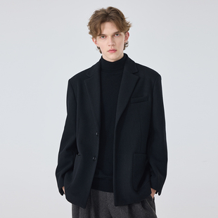 复古休闲韩版 2024冬季 宽松羊毛呢子师款 男士 小西服男外套 黑色西装