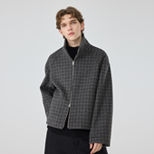 冬季 上衣男 休闲简约宽松格子拉链时髦潮羊毛短款 新款 原创设计男士
