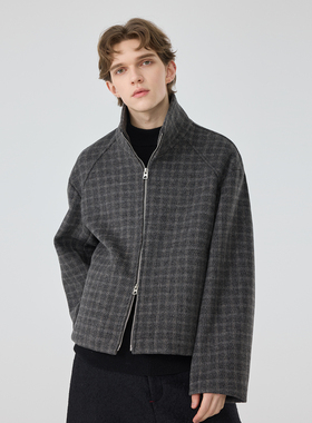冬季新款原创设计男士休闲简约宽松格子拉链时髦潮羊毛短款上衣男