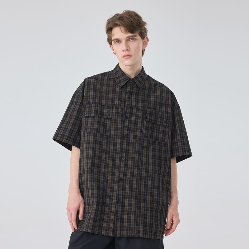 2025夏季格子短袖衬衫男士宽松纯棉潮流原创设计师款休闲衬衣