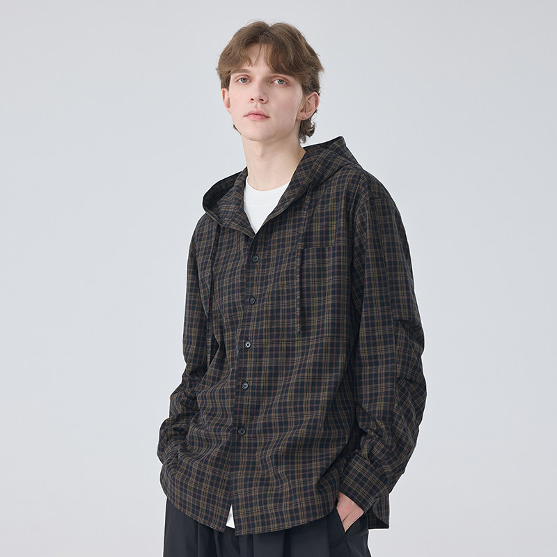 春秋美式复古格纹连帽长袖衬衫外套男士潮牌慵懒风百搭衬衣,男装,衬衫,淘宝优惠券,粉丝福利购,淘宝优惠卷