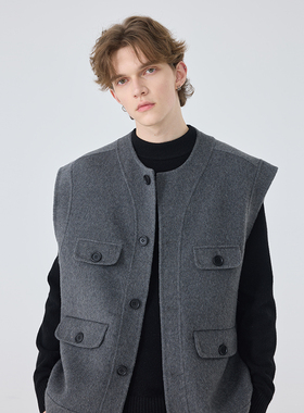 秋冬双面羊毛马甲男士时尚高级纯手工宽松羊毛呢子坎肩外套男潮流