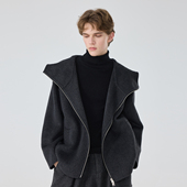 冬季 双面羊毛连帽大衣外套 休闲简约宽松短款 原创设计师款 男士