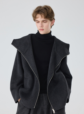 冬季原创设计师款男士休闲简约宽松短款双面羊毛连帽大衣外套