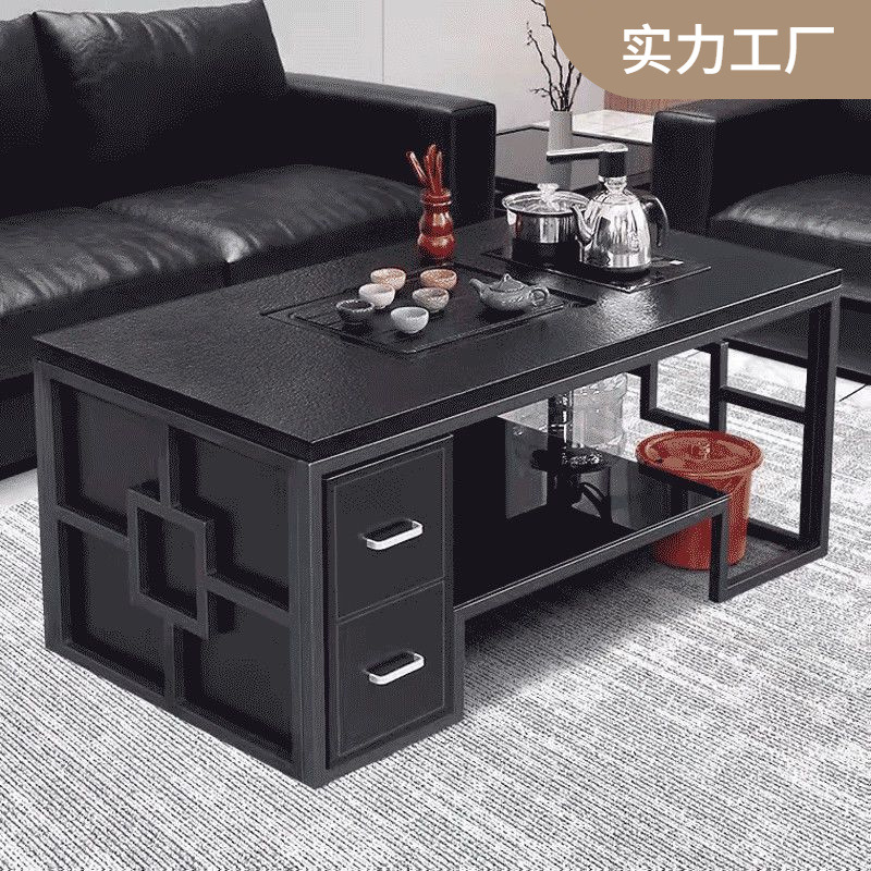 火烧石茶几功夫茶桌办公室商务接待简约现代铁艺火山石喝茶桌组合