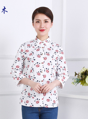 富木夏季新款女士纯棉中袖衬衫印花图案素雅女装上衣HCS-17369E7
