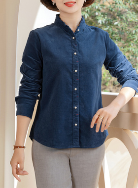 富木新款纯棉灯芯绒衬衫小立领蓝色小众设计感妈妈装CF02080R0