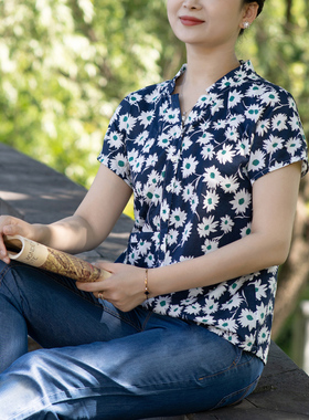 富木夏季纯棉短袖衬衫蓝白花小雏菊印花衬衣套头衫上衣CF2E2256R4