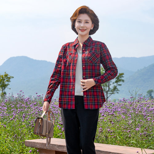 格子纯棉衬衫女妈妈装