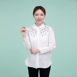 富木春夏季新品纯麻女士长袖衬衫刺绣百搭白色上衣平布ZH-391R1