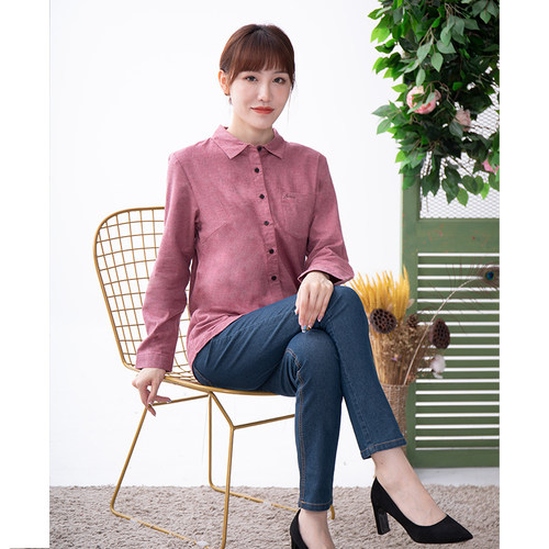春季设计感富木衬衫扣长袖纯棉