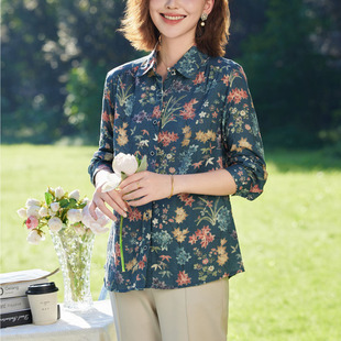 富木新款平布印花长袖衬衫柔软纯棉衬衣中老年妈妈装WZS2C012R4