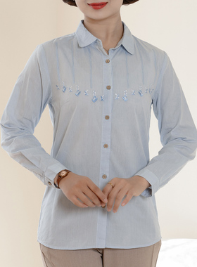 富木早春长袖衬衫胸口绣花小清新妈妈装中老年女装上衣ZH1C482R3