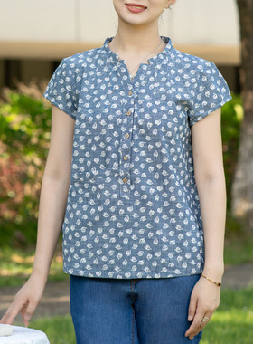 富木夏季新款纯棉平布短袖衬衫大花印花套头衫妈妈装CF2E19128R3