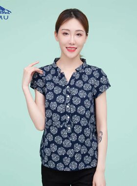 富木大花纯棉女短袖衬衫中老年妈妈装夏季薄款套头衫CF19128R1