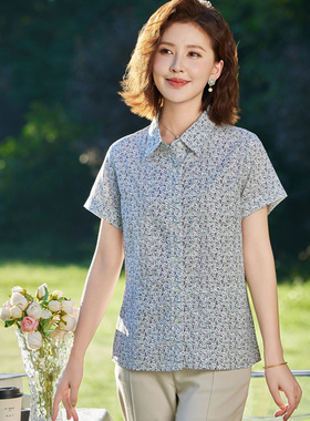 富木纯棉女短袖衬衫夏季碎花小清新上装百搭小翻领衬衣WZ1202-6N