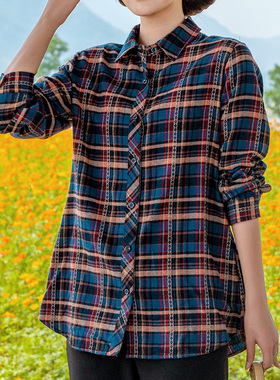 富木纯棉春秋格绒蓝色衬衫女格子设计感小众宽松阔太太SW1C209