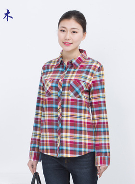 富木春秋新款女式纯棉格子衬衫长袖衬衣休闲百搭妈妈装上衣CF305N