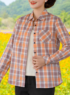 富木早春款纯棉长袖格子衬衫女显瘦遮肉都市通勤衬衣女装WZ-310R2