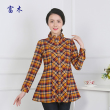 富木春秋新款女中老年格子衬衫纯棉中长款收腰显瘦衬衣WZ-17007E7