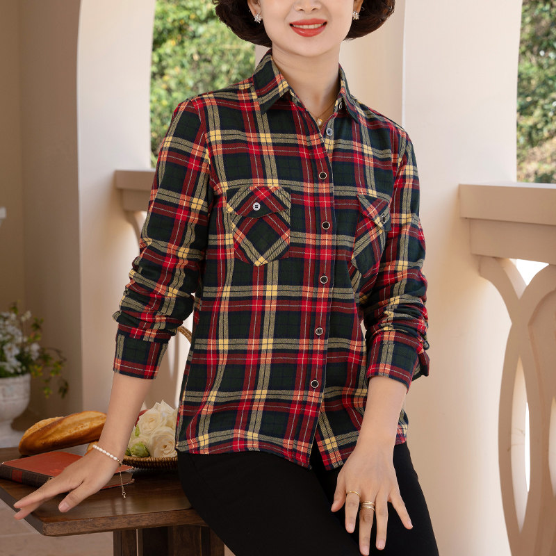 富木格绒纯棉长袖衬衫女士格子衬衣口袋装饰方领上衣XF-1670TE6