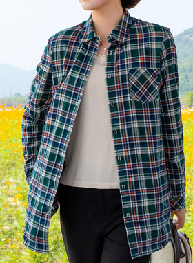 富木纯棉绿色格子衬衫女休闲百搭上衣长袖平布妈妈装衣服女MQ1035