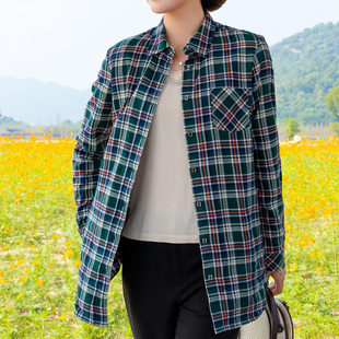 富木纯棉绿色格子衬衫女休闲百搭上衣长袖平布妈妈装衣服女MQ1035