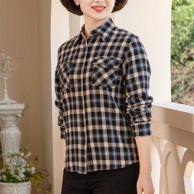 富木长袖纯棉格绒格子