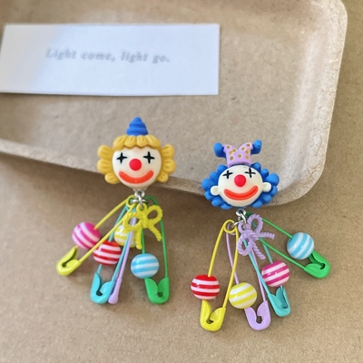 【满20包邮】原创手作耳环马戏团小丑别针趣味卡通耳环无耳洞耳夹