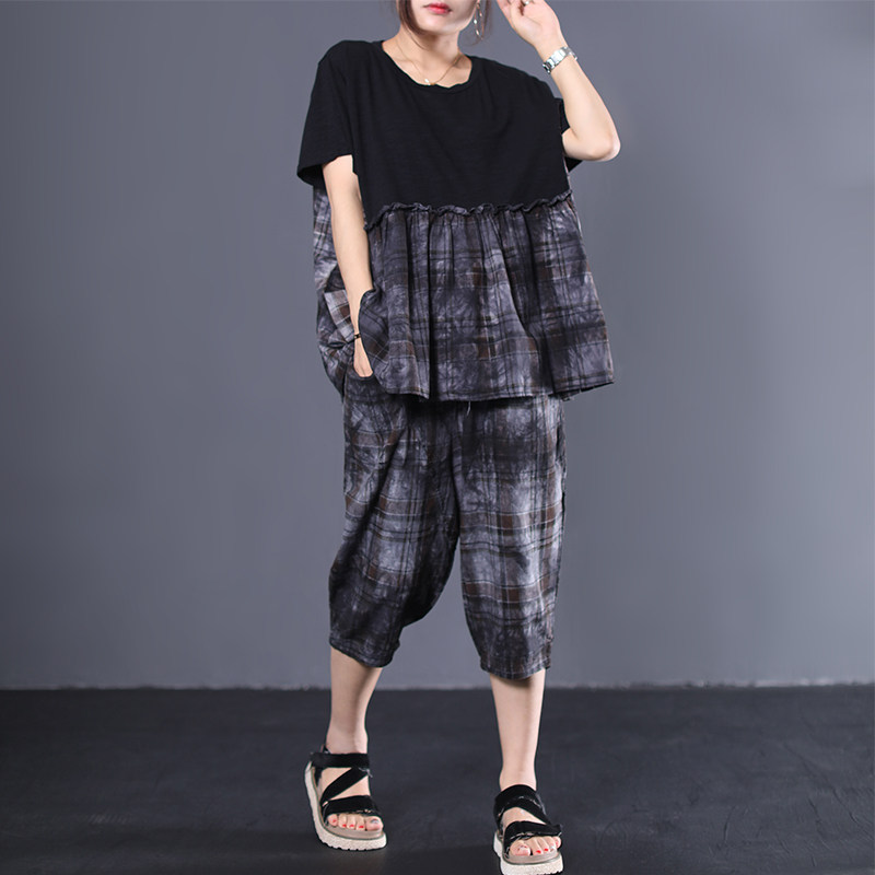 物格 清仓特价韩版宽松大码文艺褶皱做旧格子T恤休闲棉麻套装|ruв категории Женская одежда, костюм/студенты школьную форму/обмундирования, досуг, спортивный костюм - от Buy2taobao.com для оказания профессиональной услуги покупки агента Taobao