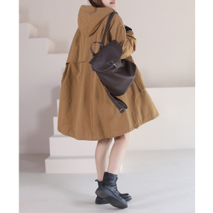 宽松大码 韩版 连帽拉链大口袋布衣风衣外套女 2024新款 物格棉麻秋装
