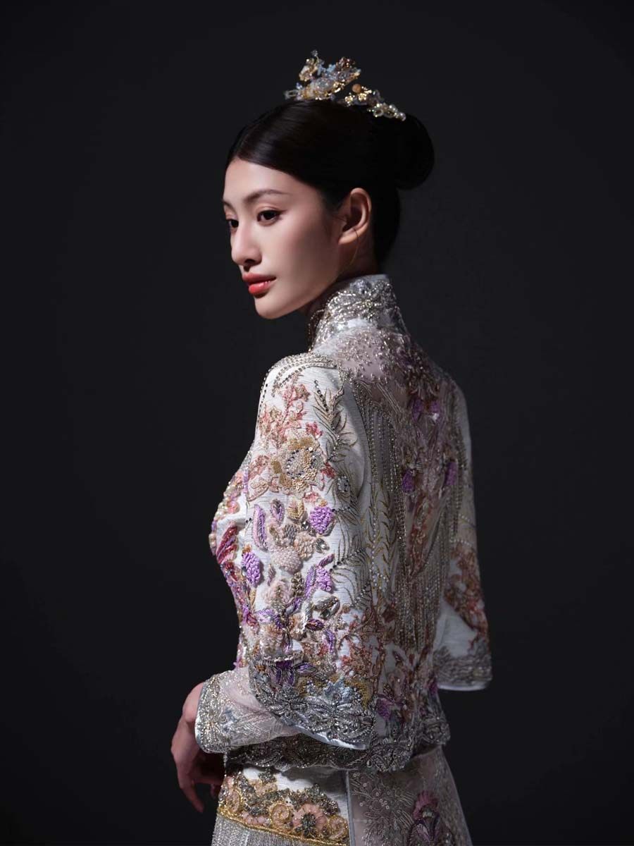 印度丝浅色立领流苏秀禾服中式婚纱礼服重工奢华高定敬酒服出阁服