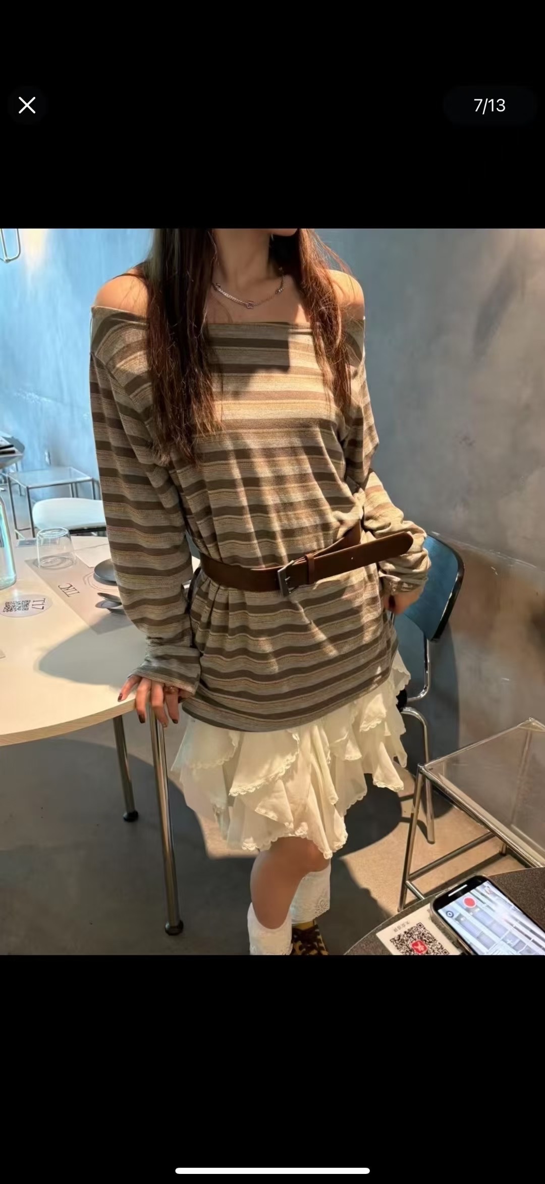 欧洲站2025年秋季新款时尚斜肩条纹长袖T恤女宽松显瘦百搭上衣潮